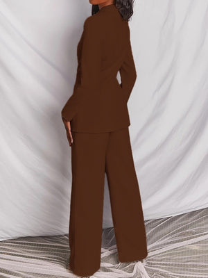 One Button Blazer And Wide-leg Pants Set Plus Size in Brown, fit detail