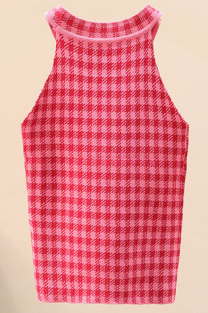 Houndstooth knit halter tank top in deep red and hot pink with a contrast trim neckline.