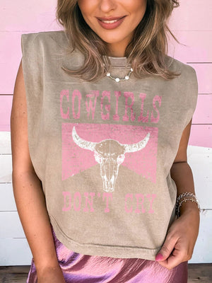 Khaki acid-washed cotton tank top with cowgirl skull graphic and distressed text.
