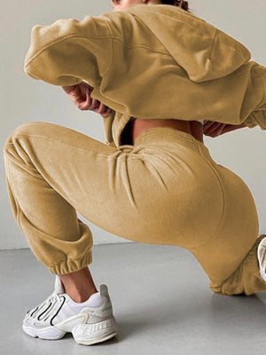 Tan fleece hoodie and jogger set with cinched waist and cuffs.