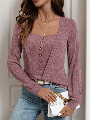 Dusty pink ribbed long sleeve top with decorative buttons and square neckline
