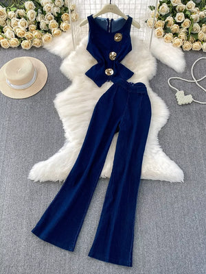 Dark blue cotton asymmetrical buttoned vest with flare jeans set