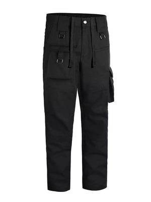 Men's black functional cargo pants with multiple pockets and strap details.