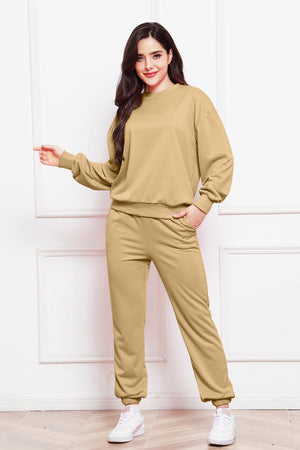 Relaxed fit khaki loungewear set with crewneck sweatshirt and jogger pants.