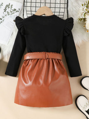 Toddler black ruffle long sleeve top and brown faux leather skirt set with belt.