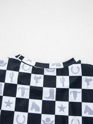 Western Checkerboard Print Side Split T-shirt in Black, product detail