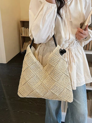 Woven Straw Shoulder Bag in Cream White, fabric detail
