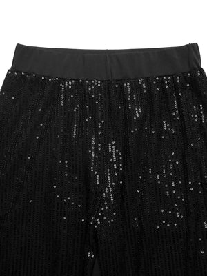 Black sequin maternity trousers with a comfortable wide-leg fit and elastic waistband.