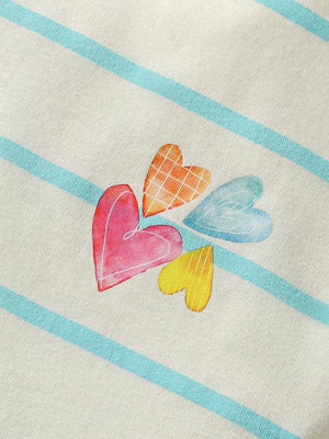 Toddler dress with watercolor hearts and blue stripes on cotton fabric.