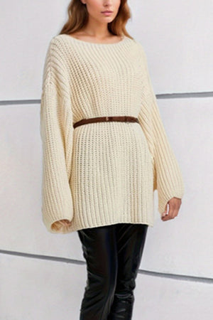 Cream oversized ribbed knit dress with boat neck and belted waist