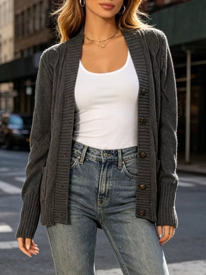 Cozy Cable Knit Button-up Cardigan in Gray, back view