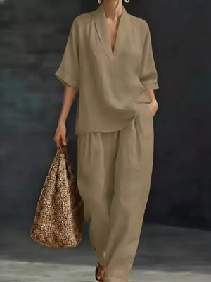 Khaki half-sleeve top with V-neck and wide-leg pants set, comfortable casual outfit.