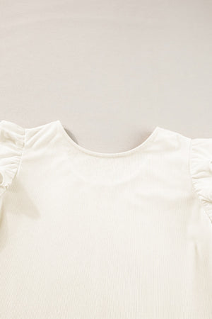 Eggshell textured blouse with ruffle sleeves and a scoop neck.