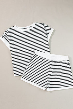 Black and white striped ribbed tee and shorts set with cuffed sleeves and elastic waist shorts.