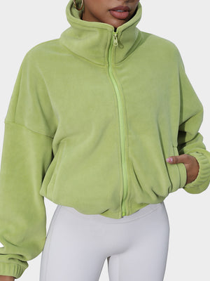 Lime green fleece cropped funnel neck jacket with zipper and pockets