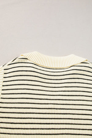 Ivory and black striped knit polo vest with ribbed collar detail.