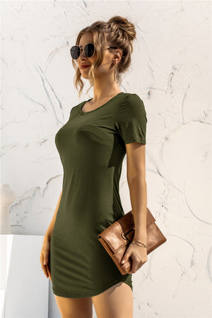 Army green crewneck bodycon dress with short sleeves.