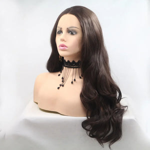 Brown lace front wig with cascading curls and a realistic hairline.