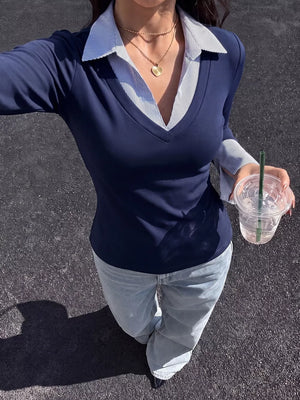 Contrast Collar Long Sleeve Top in Dark Blue, side view