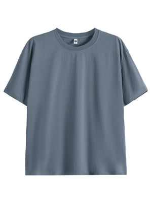 Blue crew neck t-shirt with short sleeves and a relaxed fit.