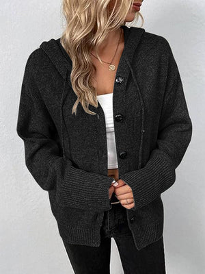 Black ribbed knit hooded cardigan with button front and drawstring details.