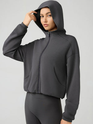 Cropped gray active zip-up hoodie with raglan sleeves and pockets