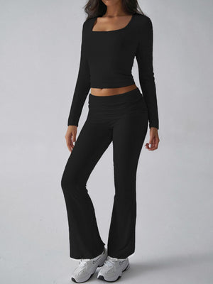 Black loungewear set with square neck crop top and flared pants