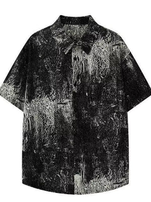 Men's oversized black and white abstract print cotton shirt with short sleeves.