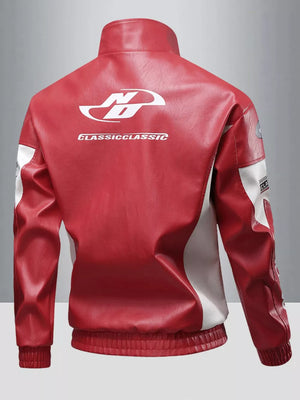 Red and white color block moto jacket with graphic print and ribbed cuffs.