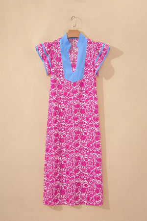 Vibrant floral midi dress with ruffle sleeves and blue V-neck collar.