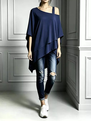 Full Size Asymmetrical Neck Short Sleeve T-shirt Plus Size in Navy, front view