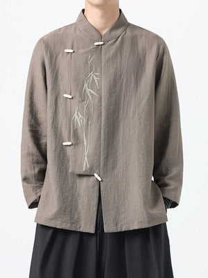 Mocha embroidered mandarin collar men's shirt with bamboo detail and frog closures.