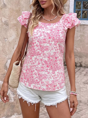 Maternity floral print top with ruffle sleeves and square neckline.