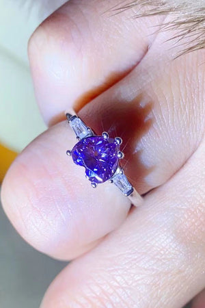 Purple heart-cut moissanite and baguette platinum ring