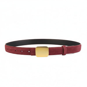 Red cowhide leather belt with gold square buckle