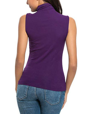 Sleeveless purple turtleneck t-shirt with a fitted silhouette.