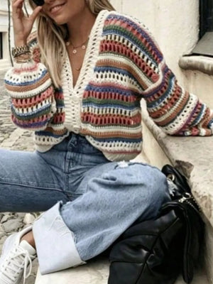 Striped Crochet Knit Cardigan in Color Stripes, side view