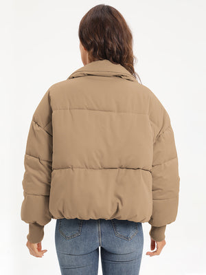 Camel padded bomber jacket with ribbed cuffs and collar, shown from the back.