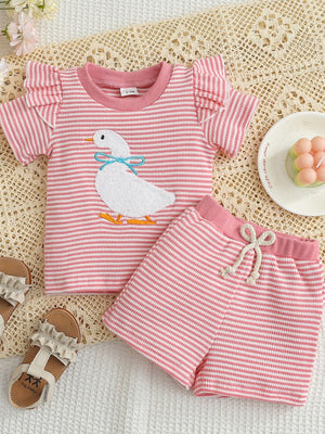 Pink striped baby set with embroidered duck and ruffle sleeves.