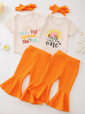 Baby graphic bodysuits and orange flare pants set with headbands