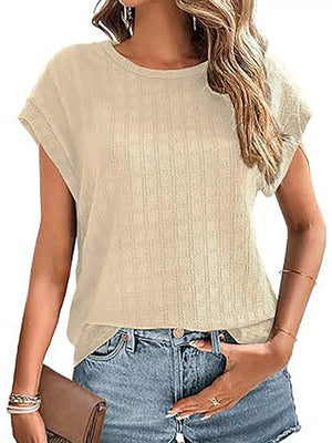 Textured Round Neck Short Sleeve Top in Malachite Green, alternate angle