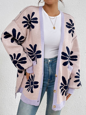 Floral jacquard knit cardigan in pale blush with navy floral print and lavender trim
