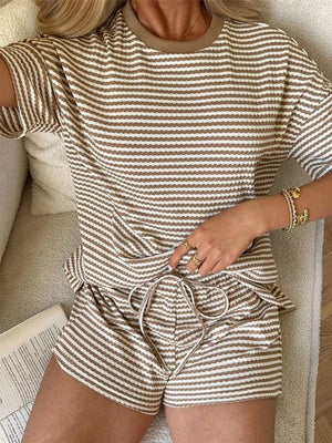 Khaki striped two-piece set with drawstring shorts and crew neck t-shirt.