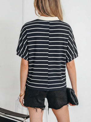 Striped dolman top with stand collar and beige trim, short sleeves, cotton blend