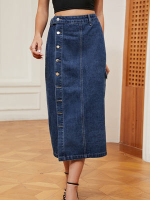 Denim midi skirt in dark wash with front buttons and a thigh slit.
