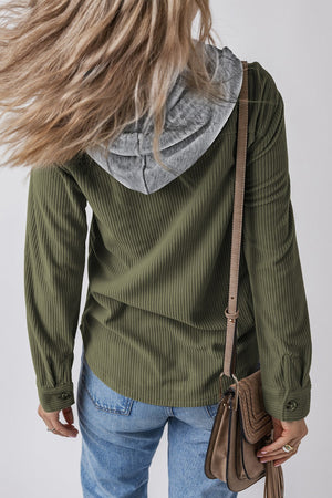 Moss corduroy shirt jacket with contrast gray hood and button cuffs