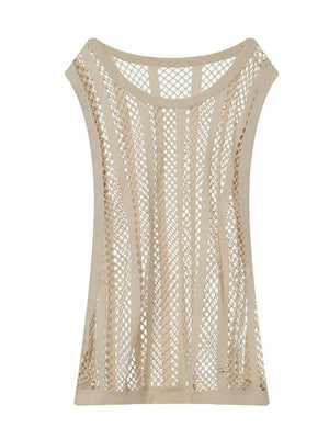 Khaki mesh tank top with vertical stripe pattern and round neckline.