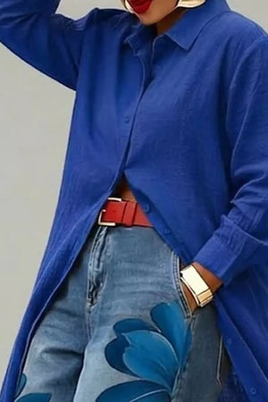 Button Up Long Sleeve Longline Shirt in Royal Blue, product detail