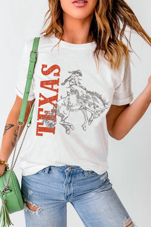 White crewneck tee with Texas rodeo print and distressed lettering.