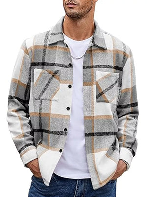 Men's gray green plaid cotton button-up shirt with two chest pockets.